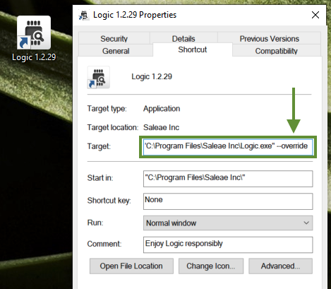 Adding the --override launch argument in Windows