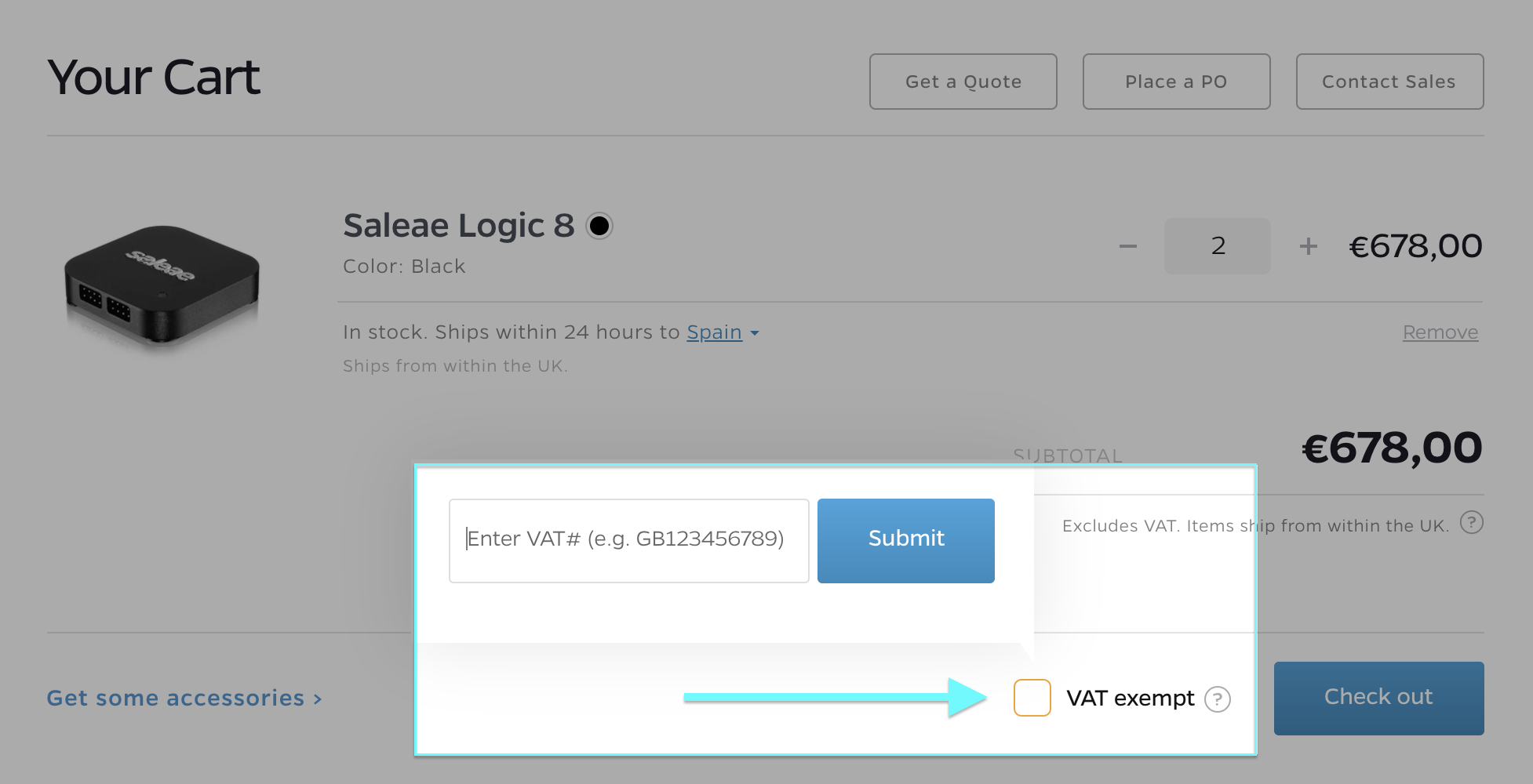 VAT exempt checkbox on the cart page