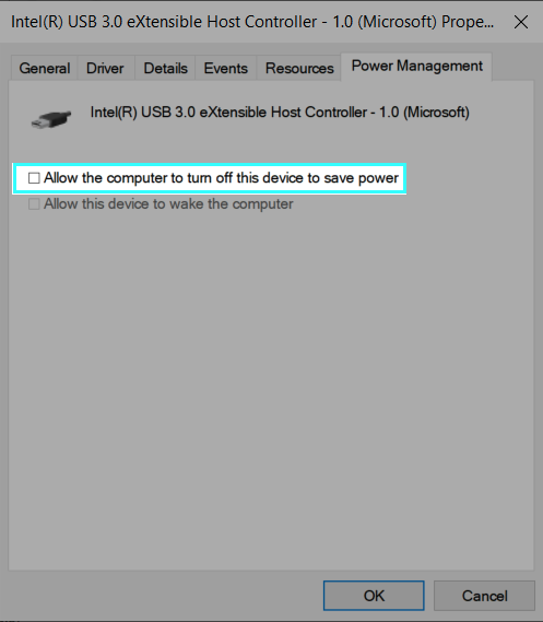 Try disabling selective suspend for your USB hub