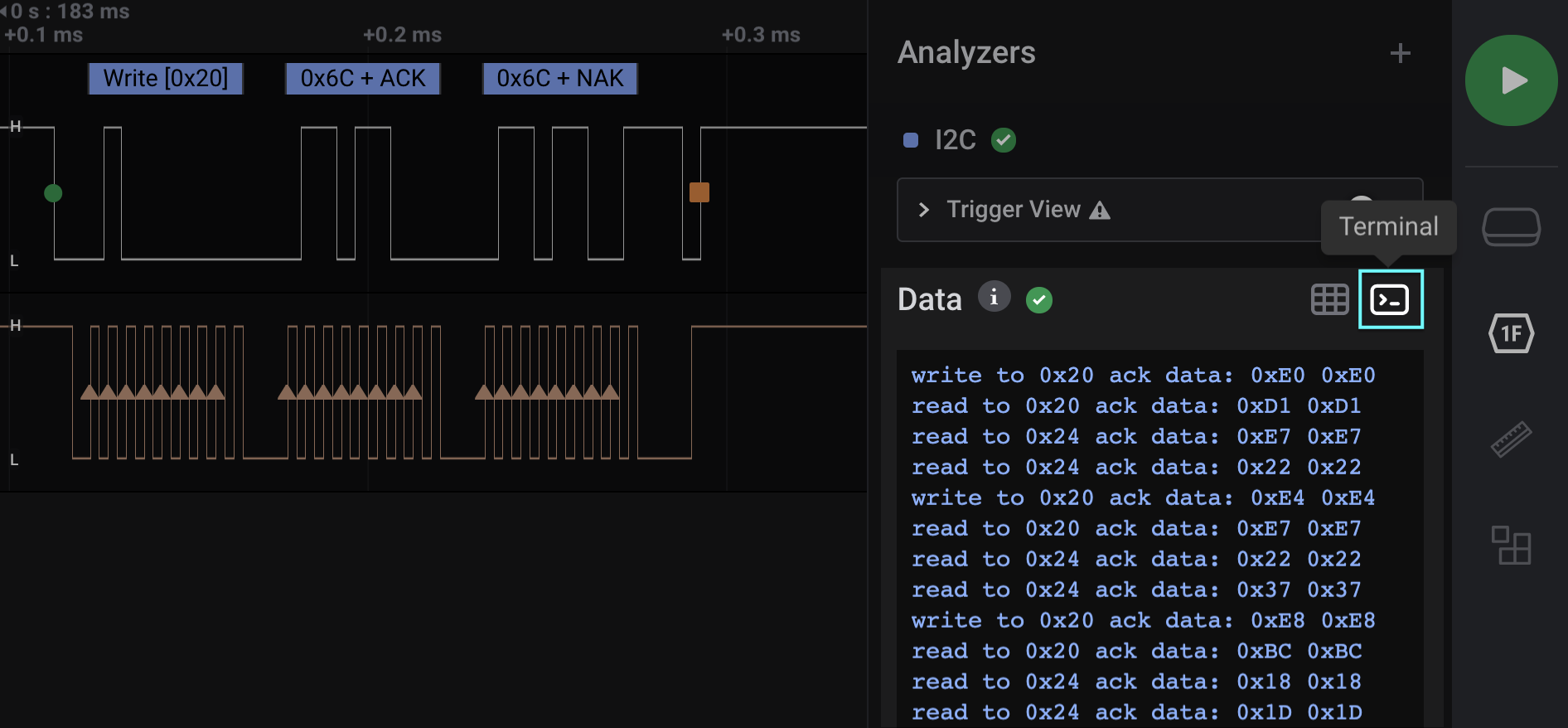 Terminal View showing I2C data